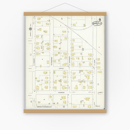 Old map wall art mockup — magnetic wood frame on white wall — Sanborn Fire Insurance Map from Gainesville, Cooke County, Texas (1913), Sheet #0008