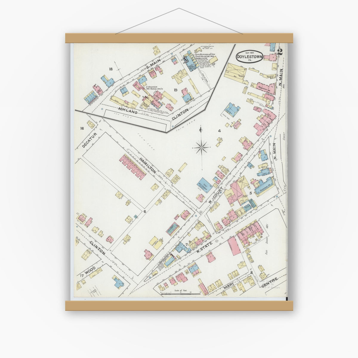 Old map wall art mockup — magnetic wood frame on white wall — Sanborn Fire Insurance Map from Doylestown, Bucks County, Pennsylvania (1891), Sheet #0002