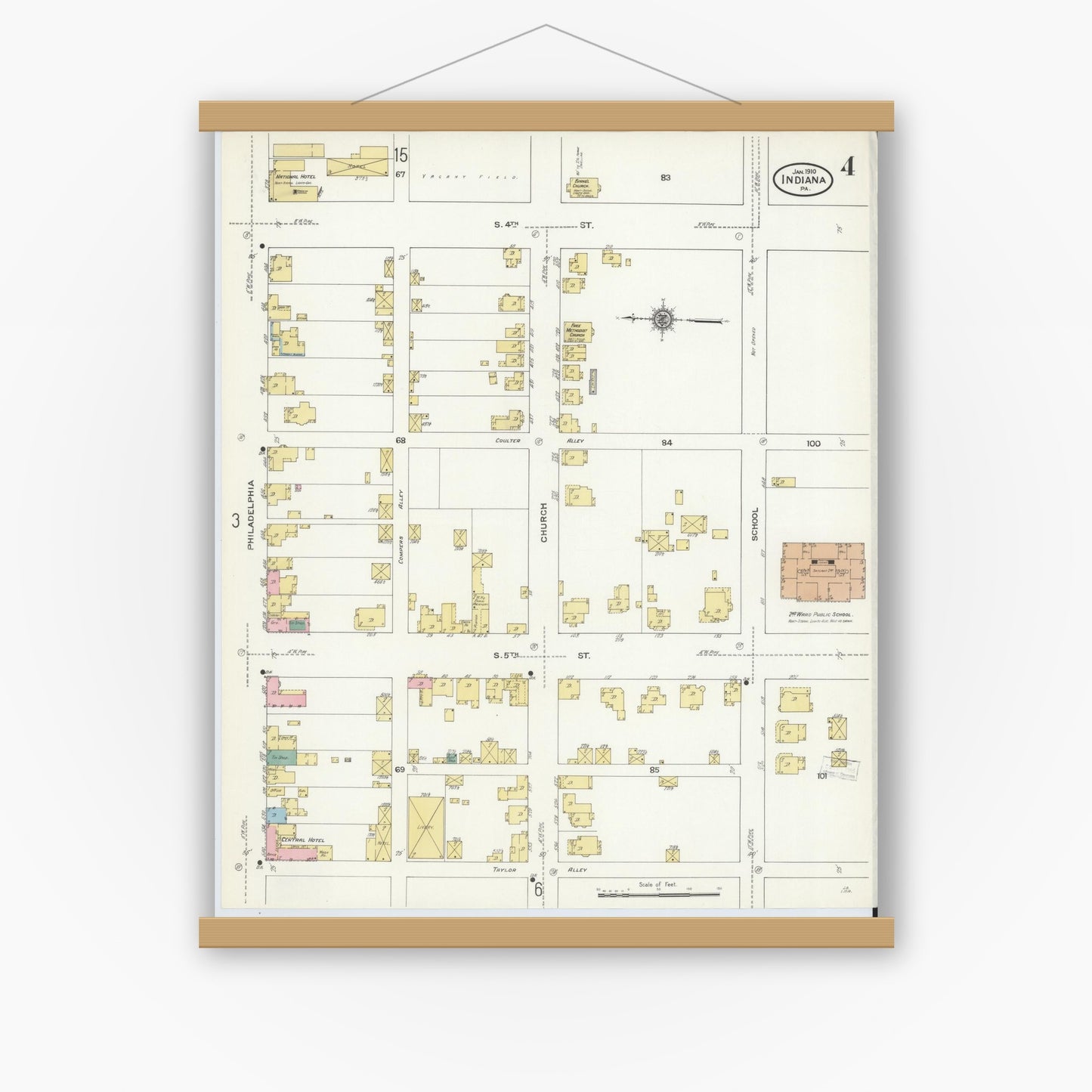 Old map wall art mockup — magnetic wood frame on white wall — Sanborn Fire Insurance Map from Indiana, Indiana County, Pennsylvania (1910), Sheet #0004