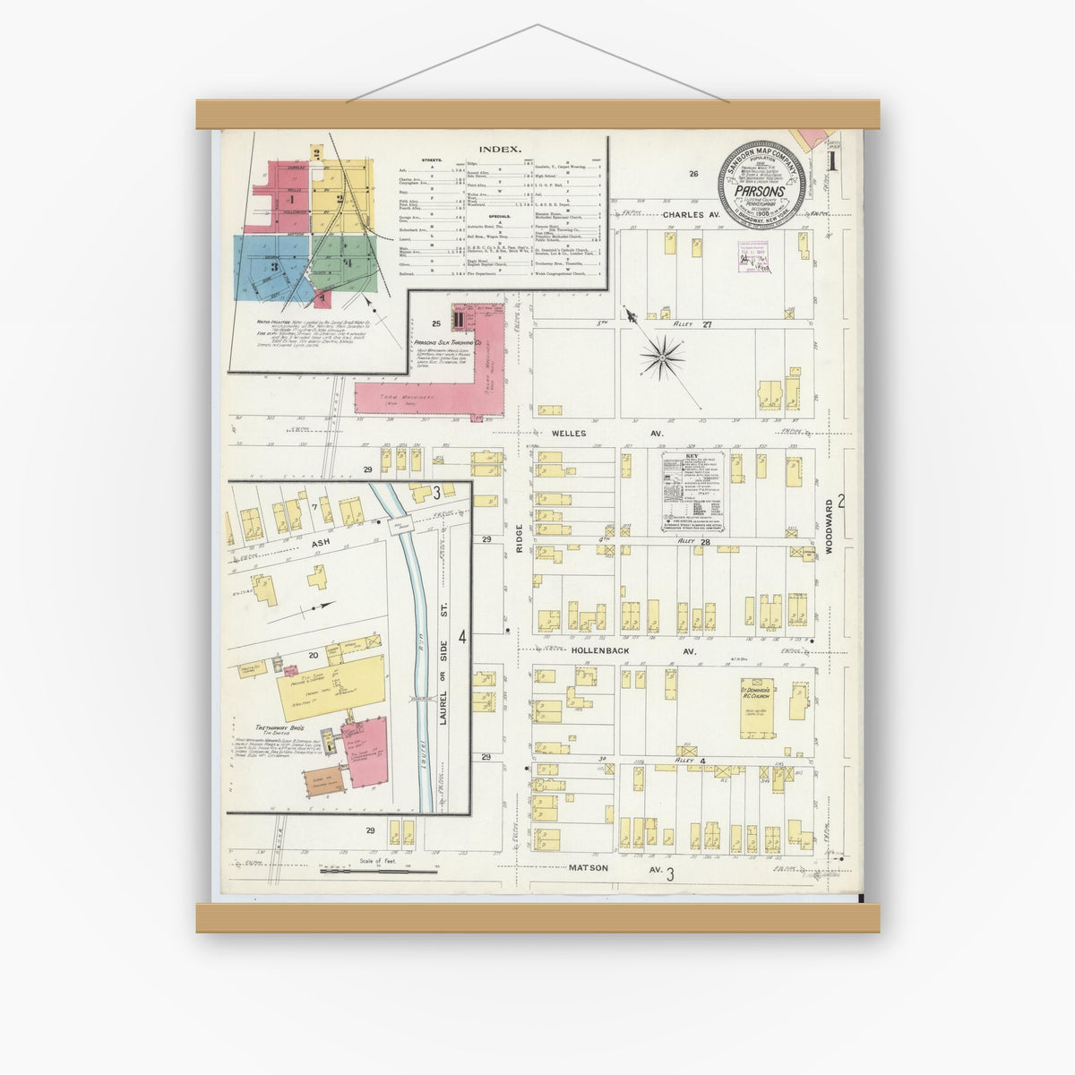 Old map wall art mockup — magnetic wood frame on white wall — Sanborn Fire Insurance Map from Parsons, Luzerne County, Pennsylvania (1908), Sheet #0001