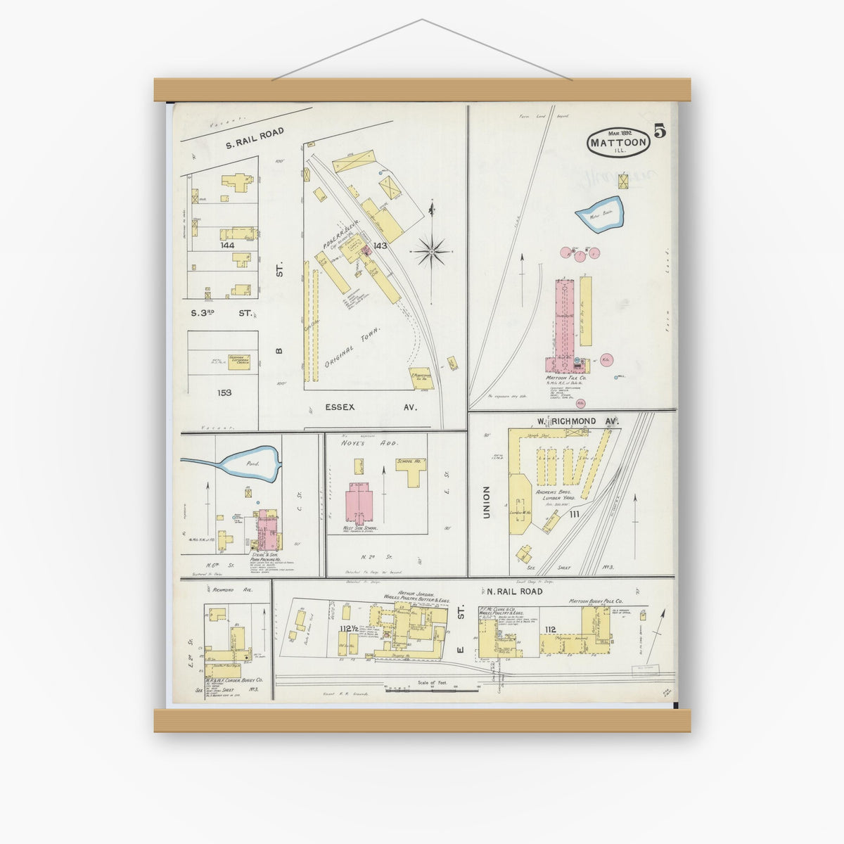 Old map wall art mockup — magnetic wood frame on white wall — Sanborn Fire Insurance Map from Mattoon, Coles County, Illinois (1892), Sheet #0005
