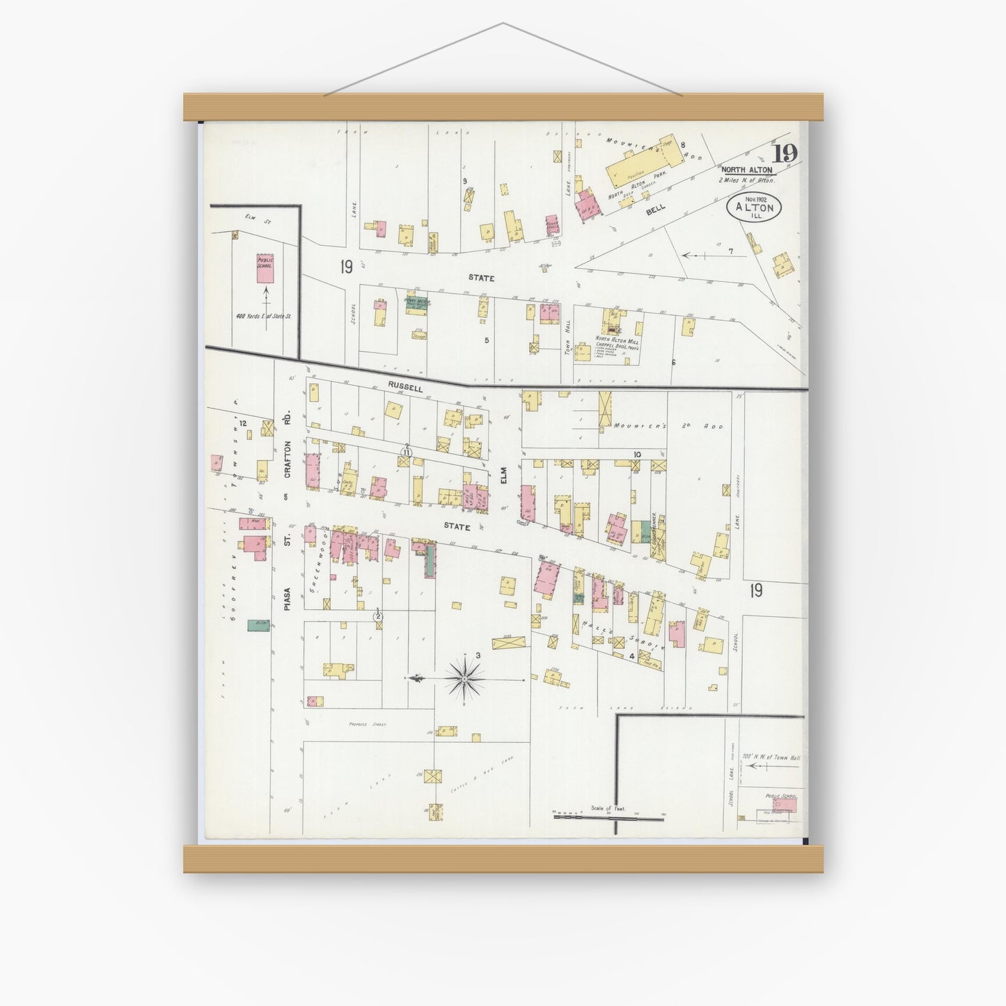 Old map wall art mockup — magnetic wood frame on white wall — Sanborn Fire Insurance Map from Alton, Madison County, Illinois (1902), Sheet #0019