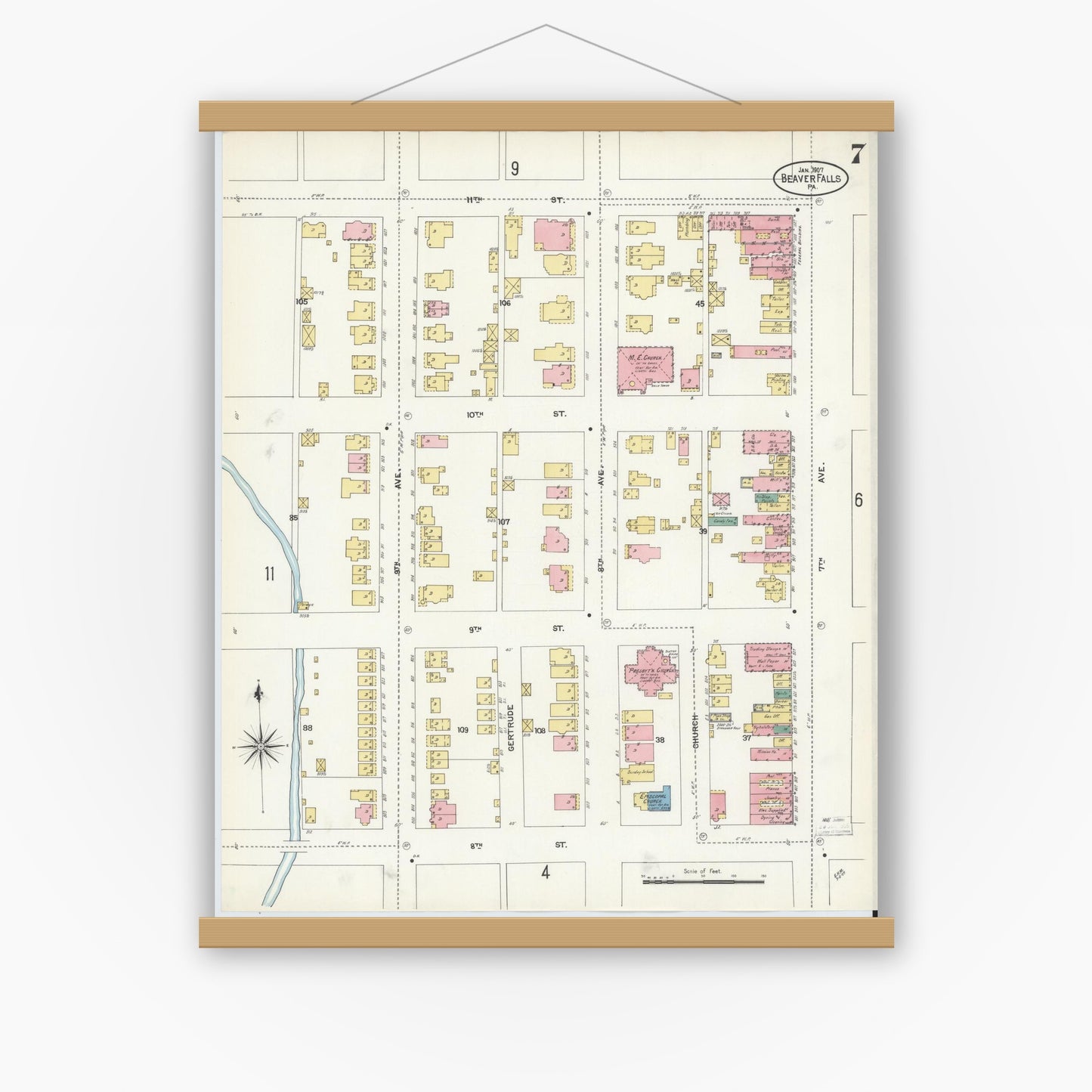 Old map wall art mockup — magnetic wood frame on white wall — Sanborn Fire Insurance Map from Beaver Falls, Beaver County, Pennsylvania (1907), Sheet #0007