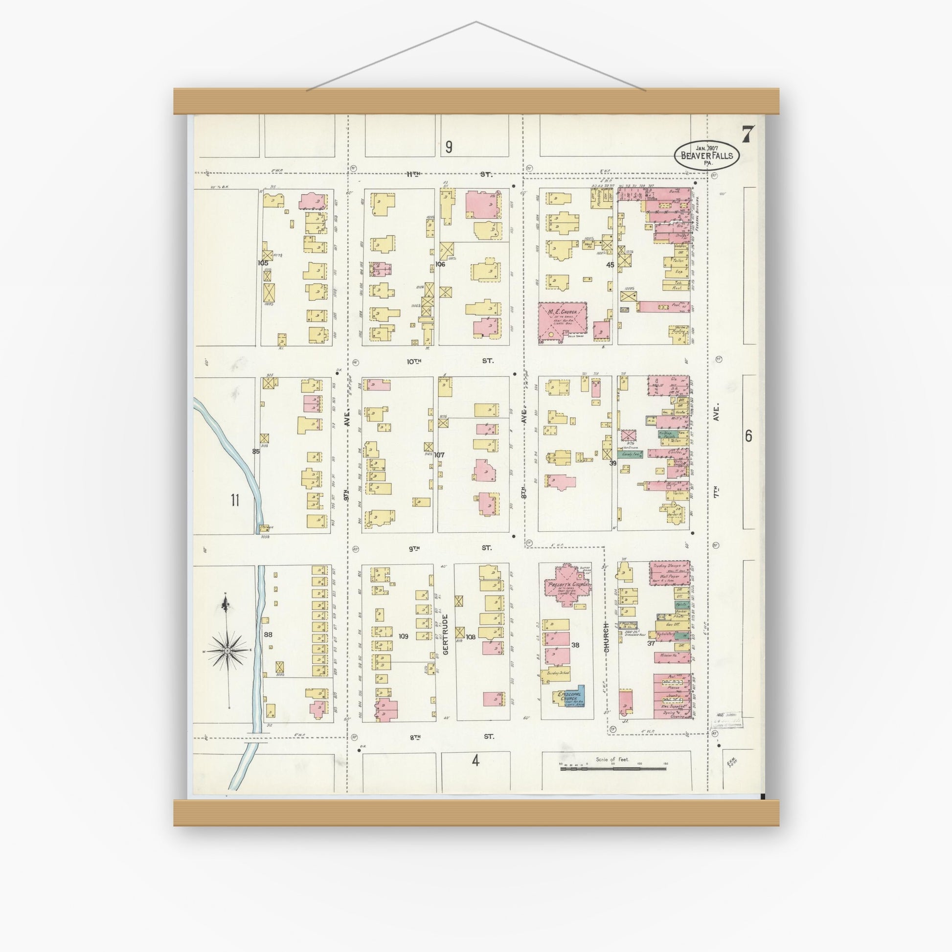Old map wall art mockup — magnetic wood frame on white wall — Sanborn Fire Insurance Map from Beaver Falls, Beaver County, Pennsylvania (1907), Sheet #0007