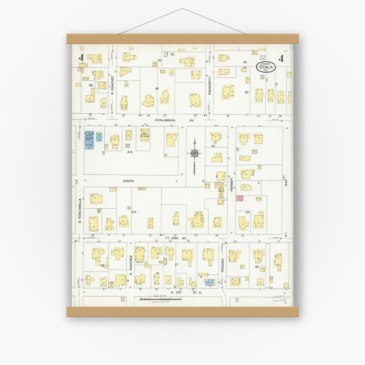 Old map wall art mockup — magnetic wood frame on white wall — Sanborn Fire Insurance Map from Ocala, Marion County, Florida (1924), Sheet #0004