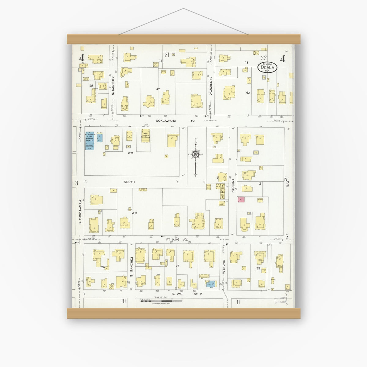 Old map wall art mockup — magnetic wood frame on white wall — Sanborn Fire Insurance Map from Ocala, Marion County, Florida (1924), Sheet #0004