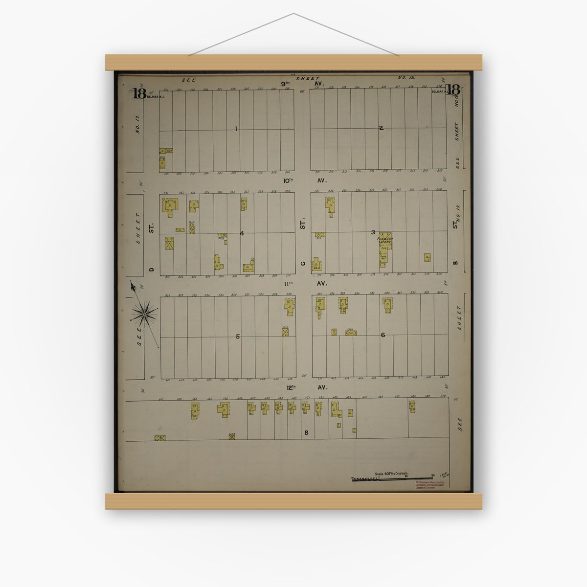 Old map wall art mockup — magnetic wood frame on white wall — Sanborn Fire Insurance Map from New Jersey Coast, New Jersey Coast, New Jersey (1890), Sheet #0018
