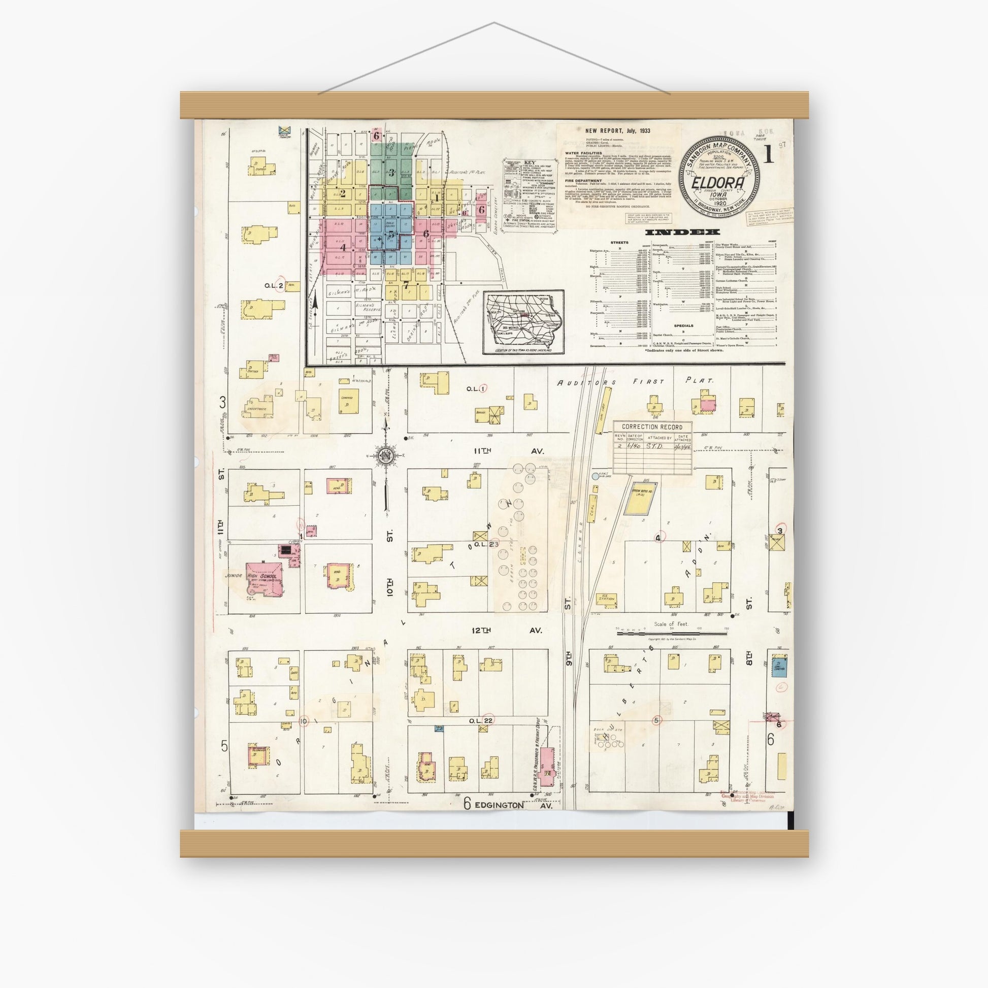 Old map wall art mockup — magnetic wood frame on white wall — Sanborn Fire Insurance Map from Eldora, Hardin County, Iowa (1940), Sheet #0001