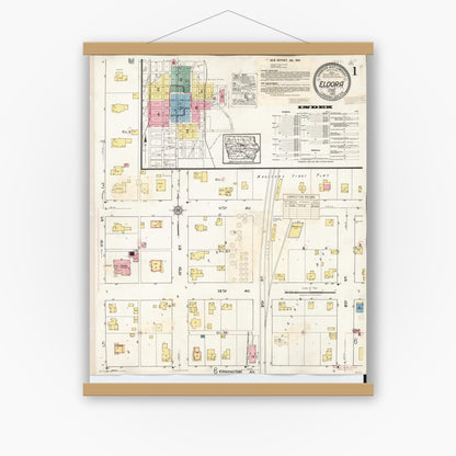 Old map wall art mockup — magnetic wood frame on white wall — Sanborn Fire Insurance Map from Eldora, Hardin County, Iowa (1940), Sheet #0001