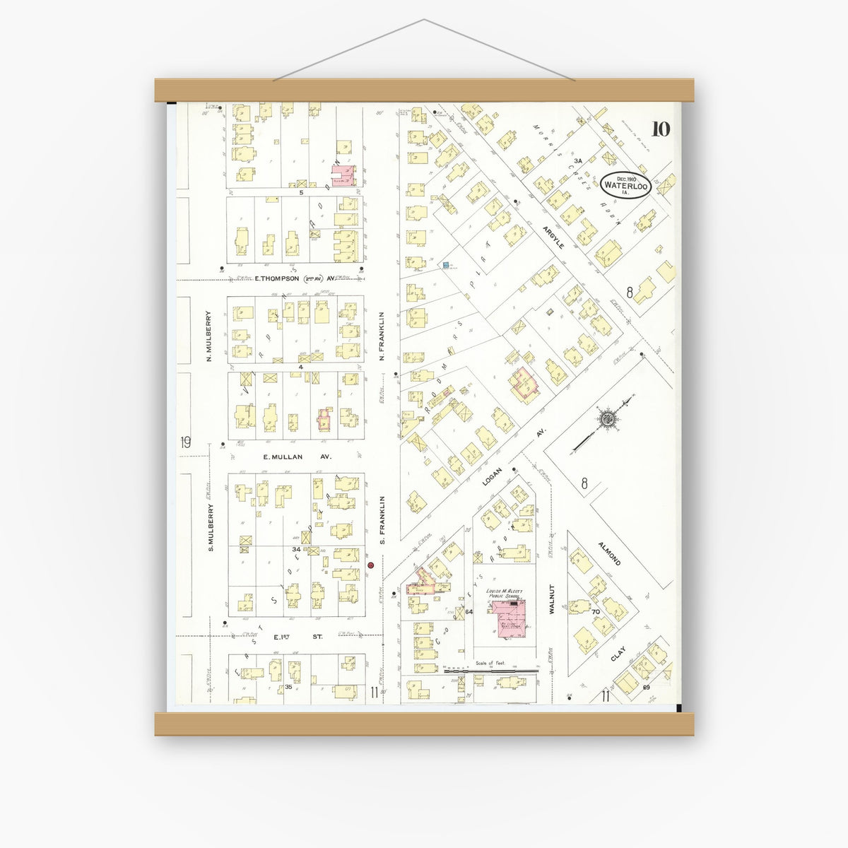 Old map wall art mockup — magnetic wood frame on white wall — Sanborn Fire Insurance Map from Waterloo, Black Hawk County, Iowa (1910), Sheet #0010