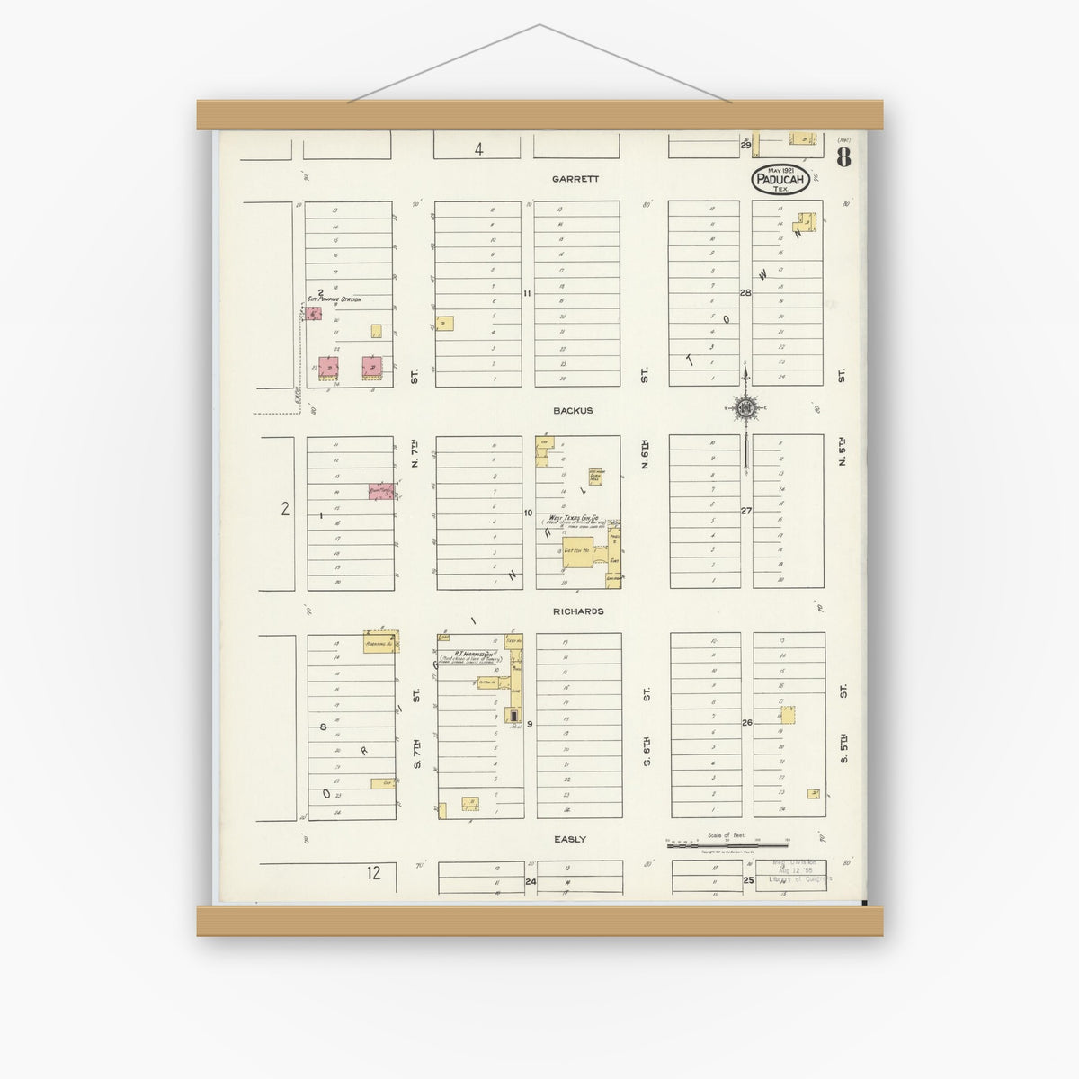 Old map wall art mockup — magnetic wood frame on white wall — Sanborn Fire Insurance Map from Paducah, Cottle County, Texas (1921), Sheet #0008