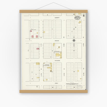 Old map wall art mockup — magnetic wood frame on white wall — Sanborn Fire Insurance Map from Paducah, Cottle County, Texas (1921), Sheet #0008