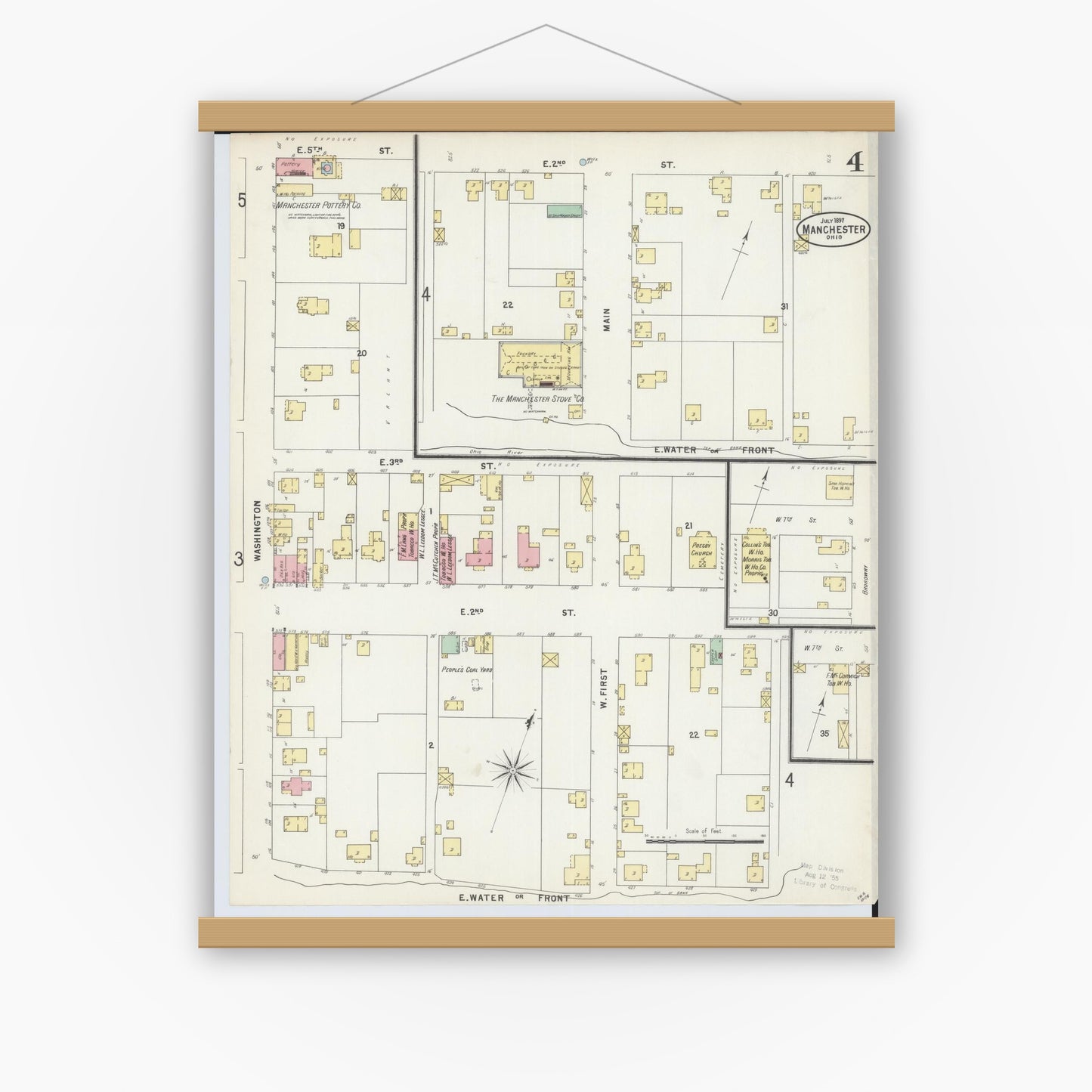 Old map wall art mockup — magnetic wood frame on white wall — Sanborn Fire Insurance Map from Manchester, Adams County, Ohio (1897), Sheet #0004