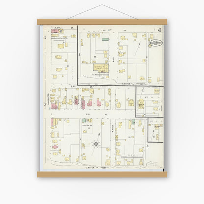 Old map wall art mockup — magnetic wood frame on white wall — Sanborn Fire Insurance Map from Manchester, Adams County, Ohio (1897), Sheet #0004