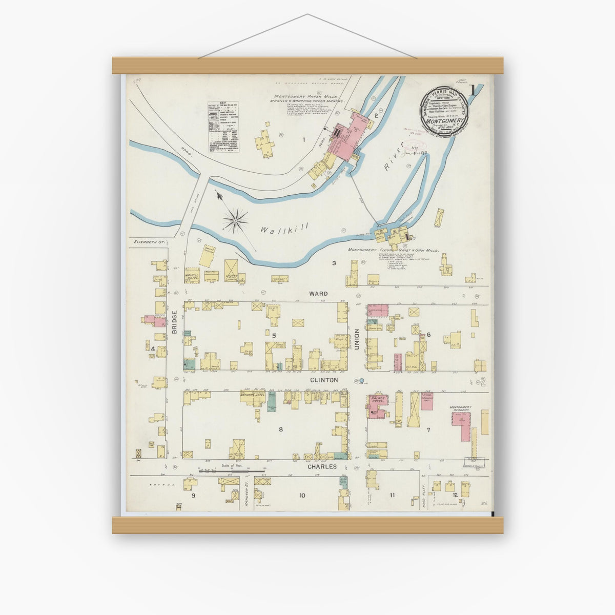 Old map wall art mockup — magnetic wood frame on white wall — Sanborn Fire Insurance Map from Montgomery, Orange County, New York (1892) - Complete Map Set