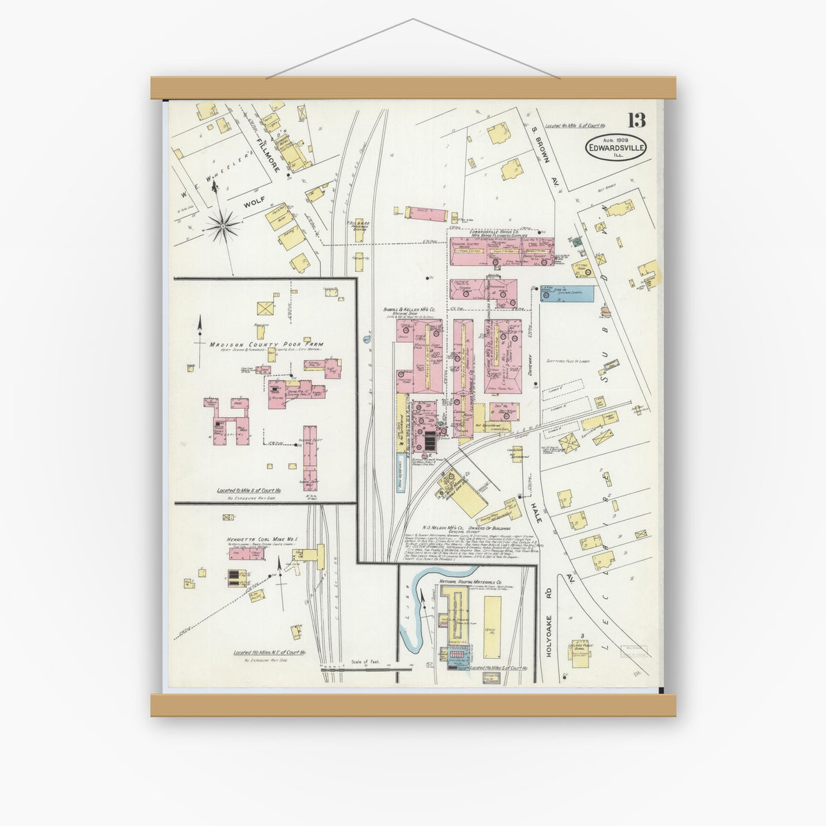Old map wall art mockup — magnetic wood frame on white wall — Sanborn Fire Insurance Map from Edwardsville, Madison County, Illinois (1909), Sheet #0013