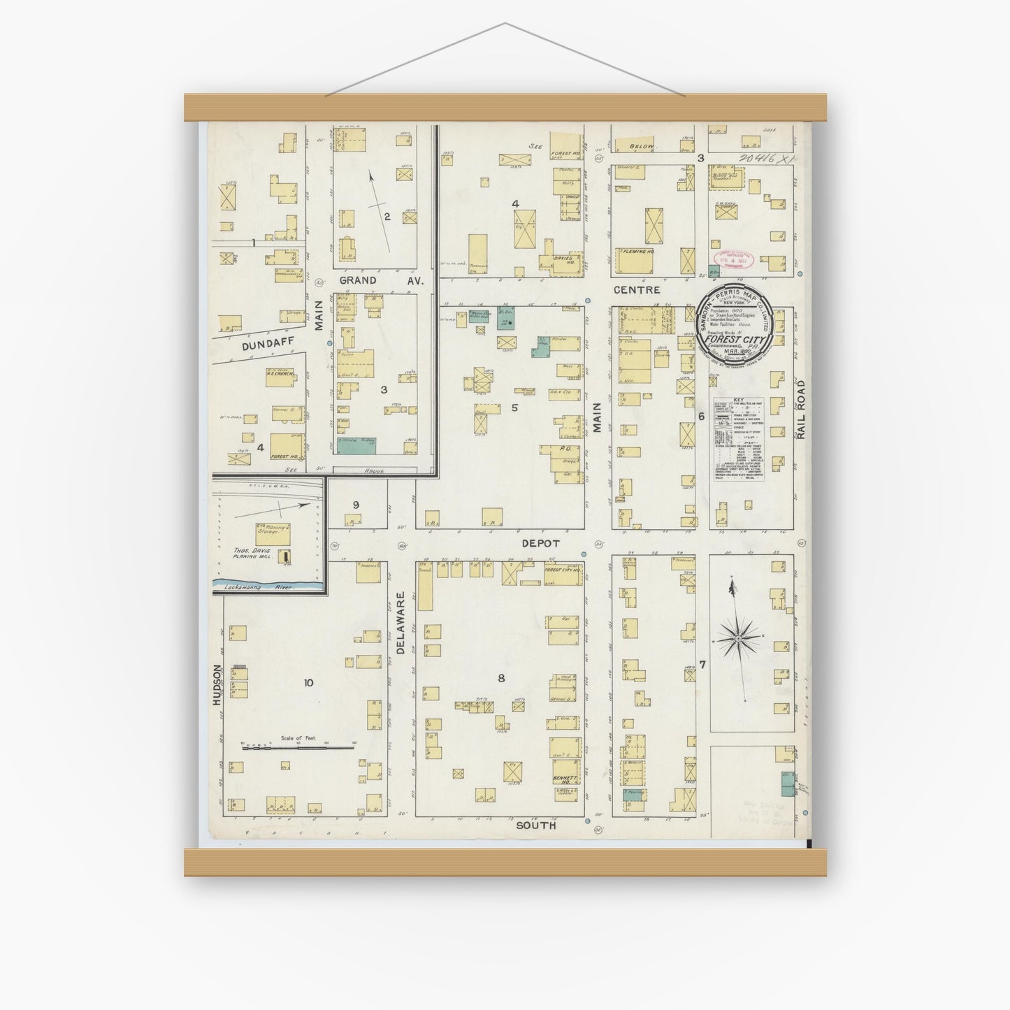 Old map wall art mockup — magnetic wood frame on white wall — Sanborn Fire Insurance Map from Forest City, Susquehanna County, Pennsylvania (1892), Sheet #0001