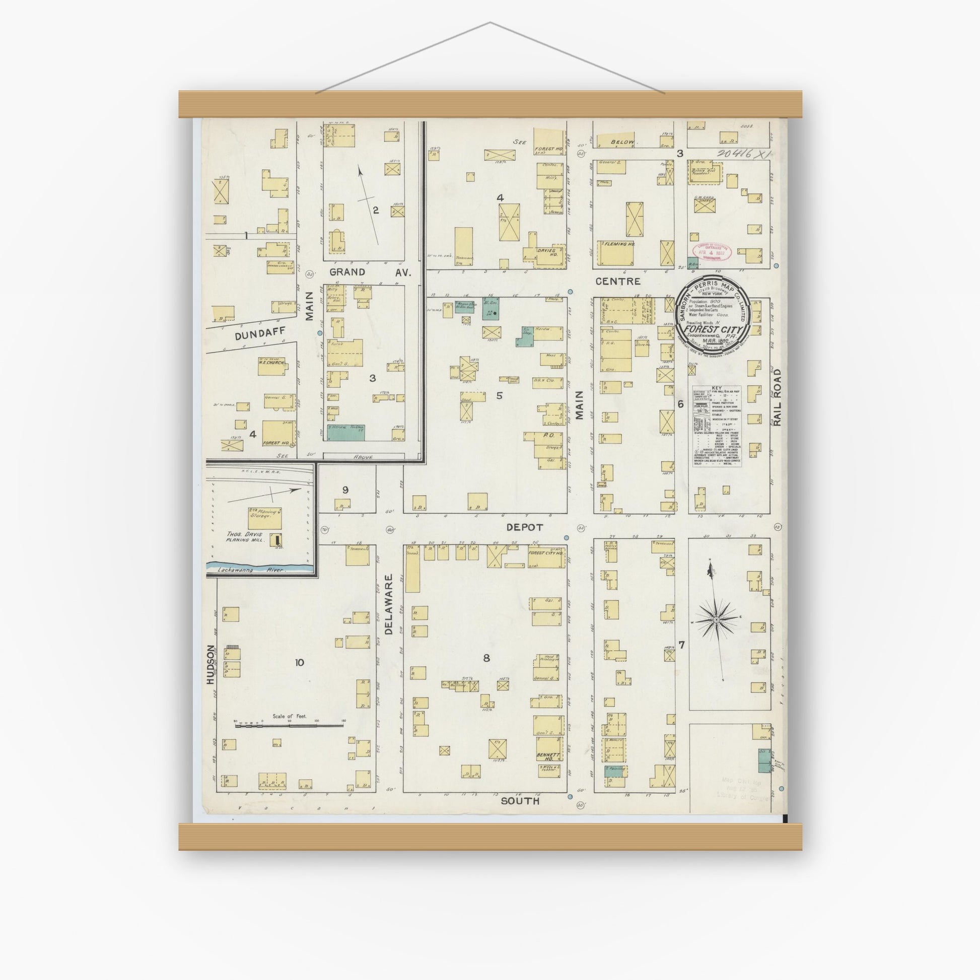 Old map wall art mockup — magnetic wood frame on white wall — Sanborn Fire Insurance Map from Forest City, Susquehanna County, Pennsylvania (1892), Sheet #0001