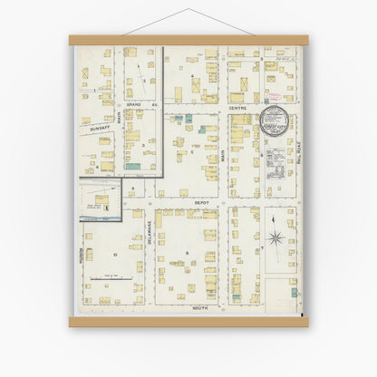 Old map wall art mockup — magnetic wood frame on white wall — Sanborn Fire Insurance Map from Forest City, Susquehanna County, Pennsylvania (1892), Sheet #0001