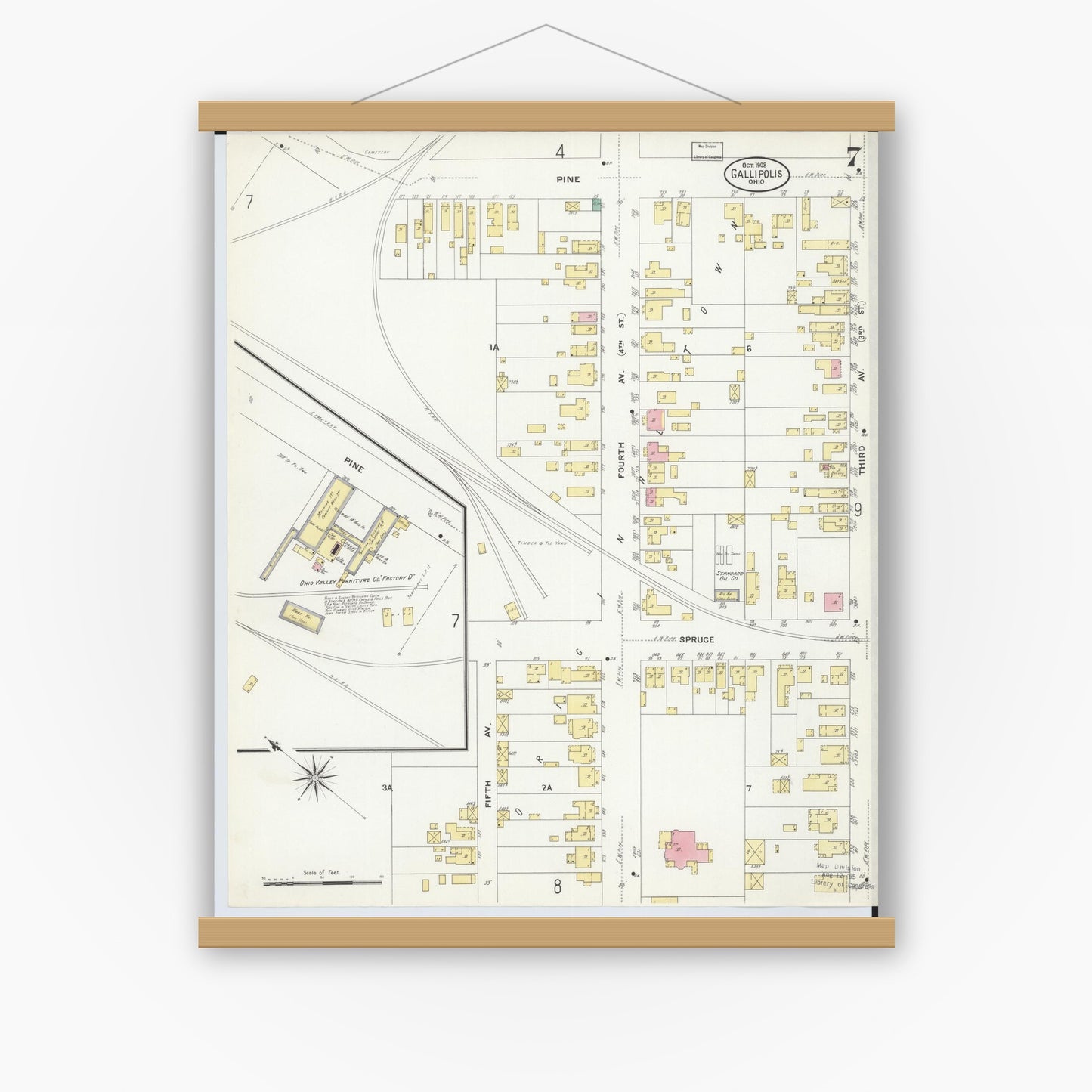 Old map wall art mockup — magnetic wood frame on white wall — Sanborn Fire Insurance Map from Gallipolis, Gallia County, Ohio (1908), Sheet #0007