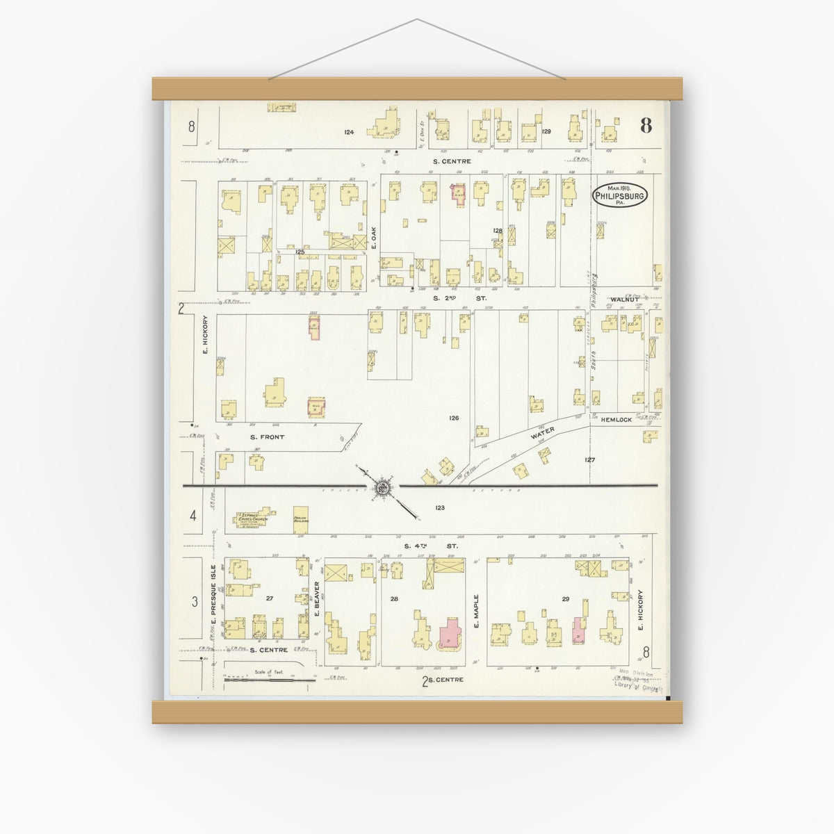 Old map wall art mockup — magnetic wood frame on white wall — Sanborn Fire Insurance Map from Philipsburg, Centre County, Pennsylvania (1910), Sheet #0008
