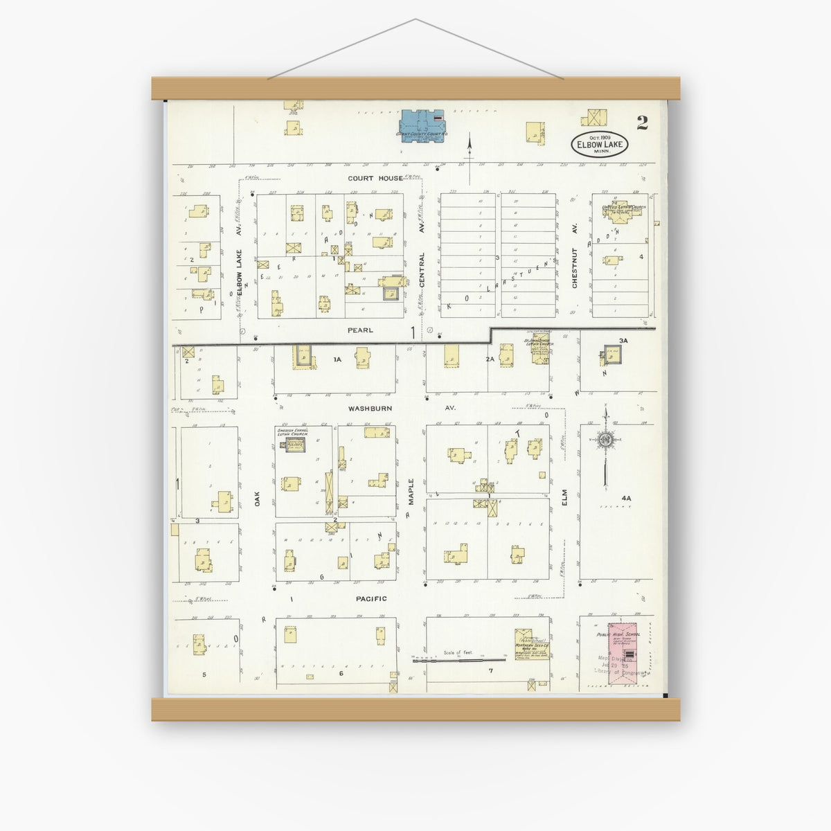 Old map wall art mockup — magnetic wood frame on white wall — Sanborn Fire Insurance Map from Elbow Lake, Grant County, Minnesota (1909), Sheet #0002