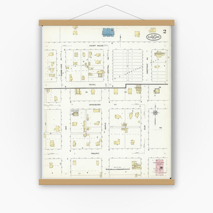 Old map wall art mockup — magnetic wood frame on white wall — Sanborn Fire Insurance Map from Elbow Lake, Grant County, Minnesota (1909), Sheet #0002