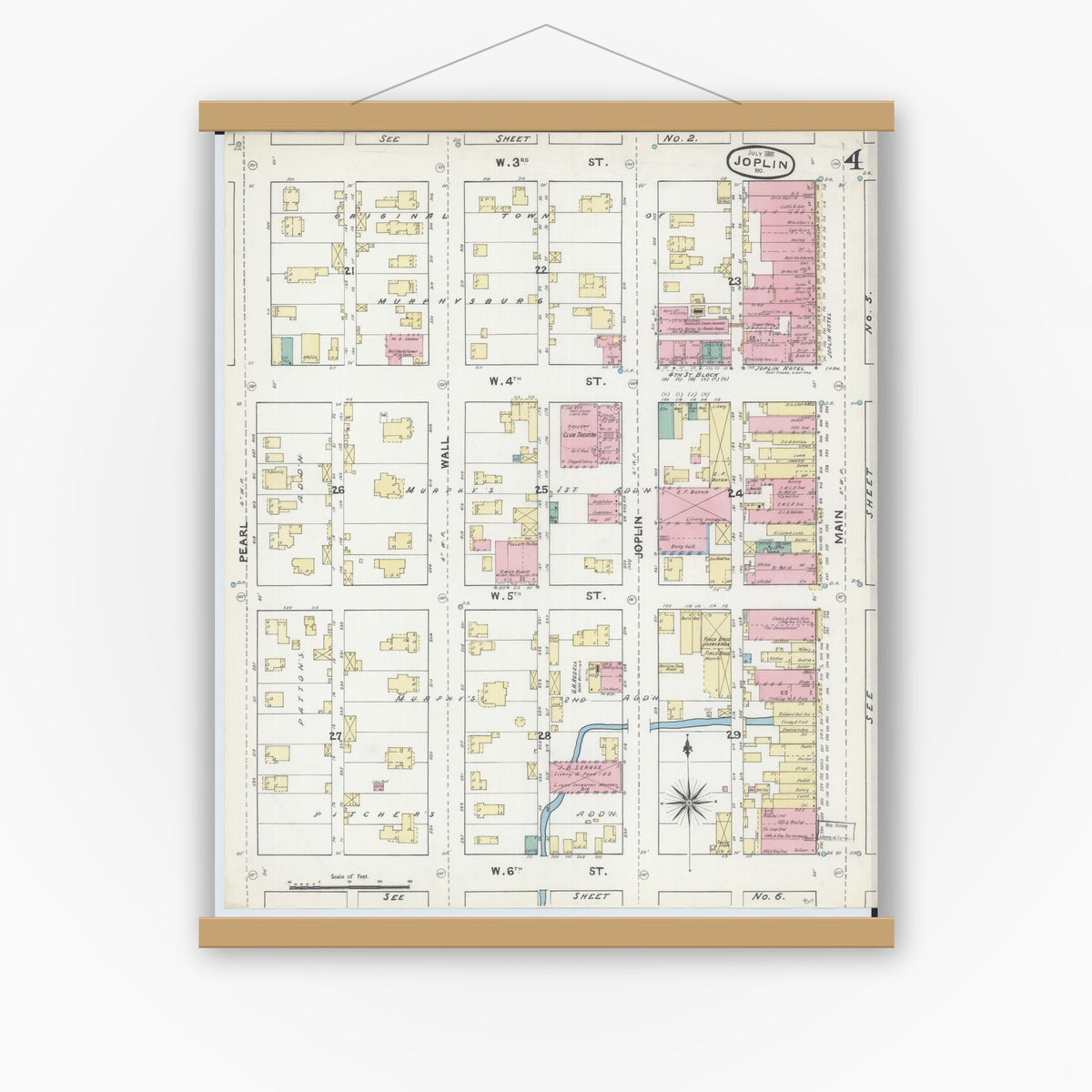 Old map wall art mockup — magnetic wood frame on white wall — Sanborn Fire Insurance Map from Joplin, Jasper County, Missouri (1891), Sheet #0004