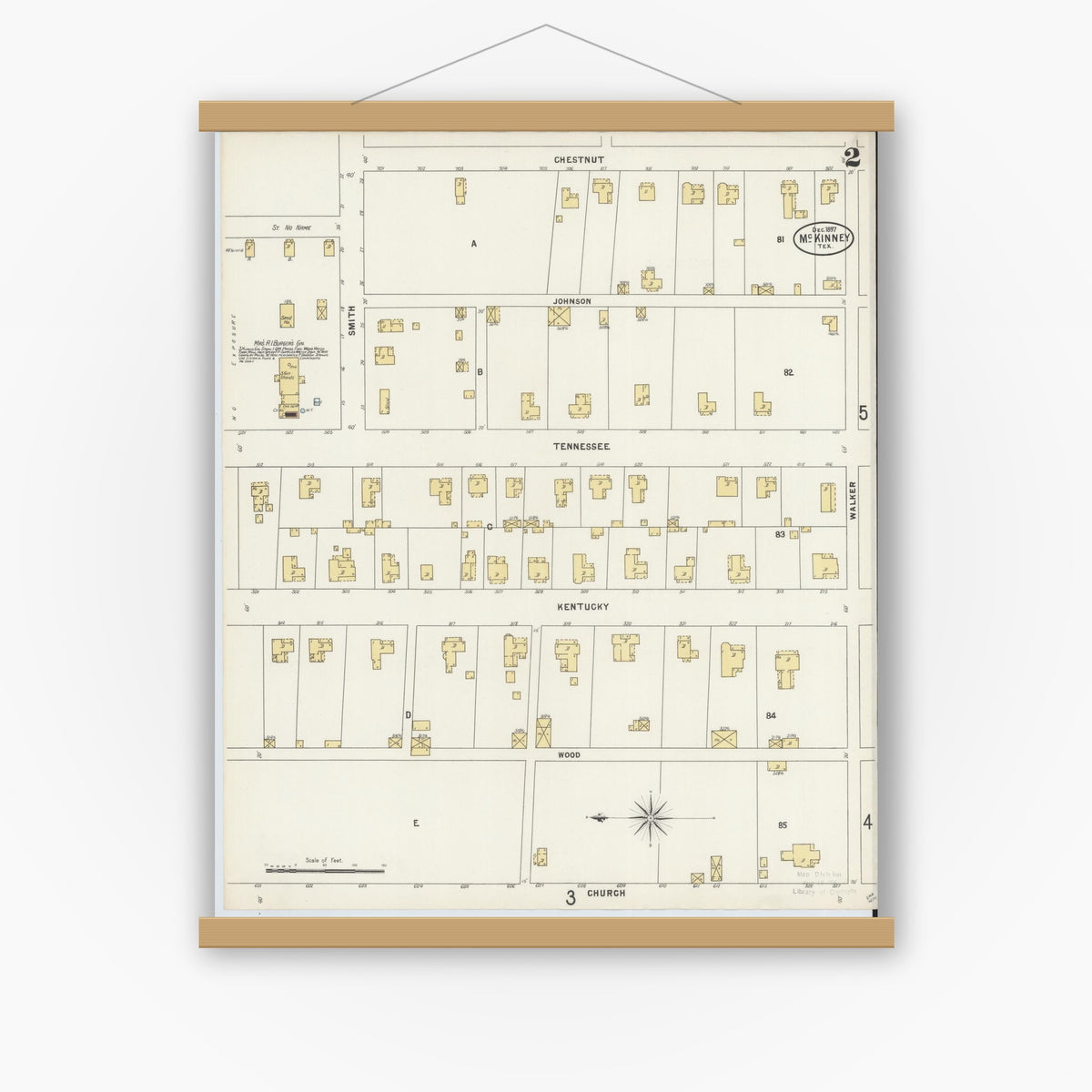 Old map wall art mockup — magnetic wood frame on white wall — Sanborn Fire Insurance Map from McKinney, Collin County, Texas (1897), Sheet #0002