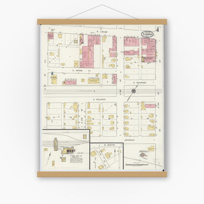 Old map wall art mockup — magnetic wood frame on white wall — Sanborn Fire Insurance Map from Eldorado, Saline County, Illinois (1919), Sheet #0004