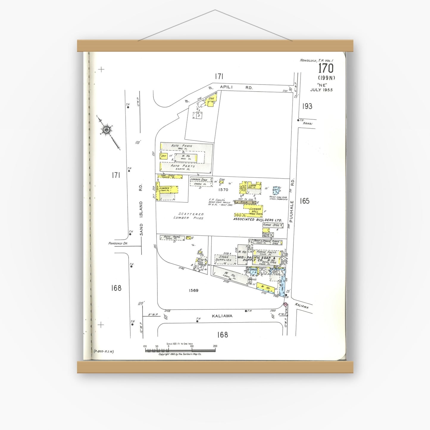Old map wall art mockup — magnetic wood frame on white wall — Sanborn Fire Insurance Map from Honolulu, Oahu County, Hawaii (1955), Sheet #0170