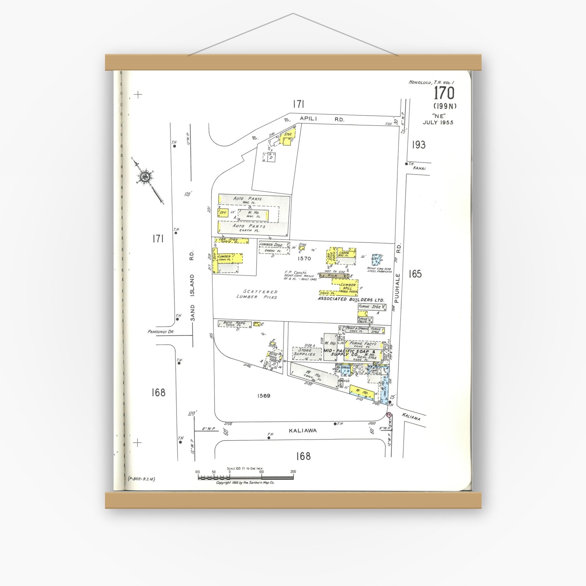 Old map wall art mockup — magnetic wood frame on white wall — Sanborn Fire Insurance Map from Honolulu, Oahu County, Hawaii (1955), Sheet #0170