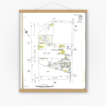 Old map wall art mockup — magnetic wood frame on white wall — Sanborn Fire Insurance Map from Honolulu, Oahu County, Hawaii (1955), Sheet #0170