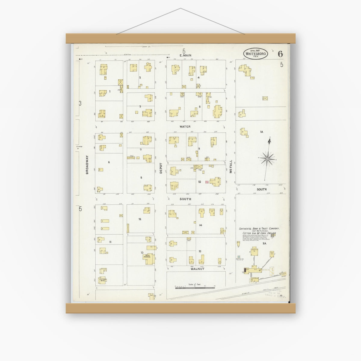 Old map wall art mockup — magnetic wood frame on white wall — Sanborn Fire Insurance Map from Whitesboro, Grayson County, Texas (1907), Sheet #0006