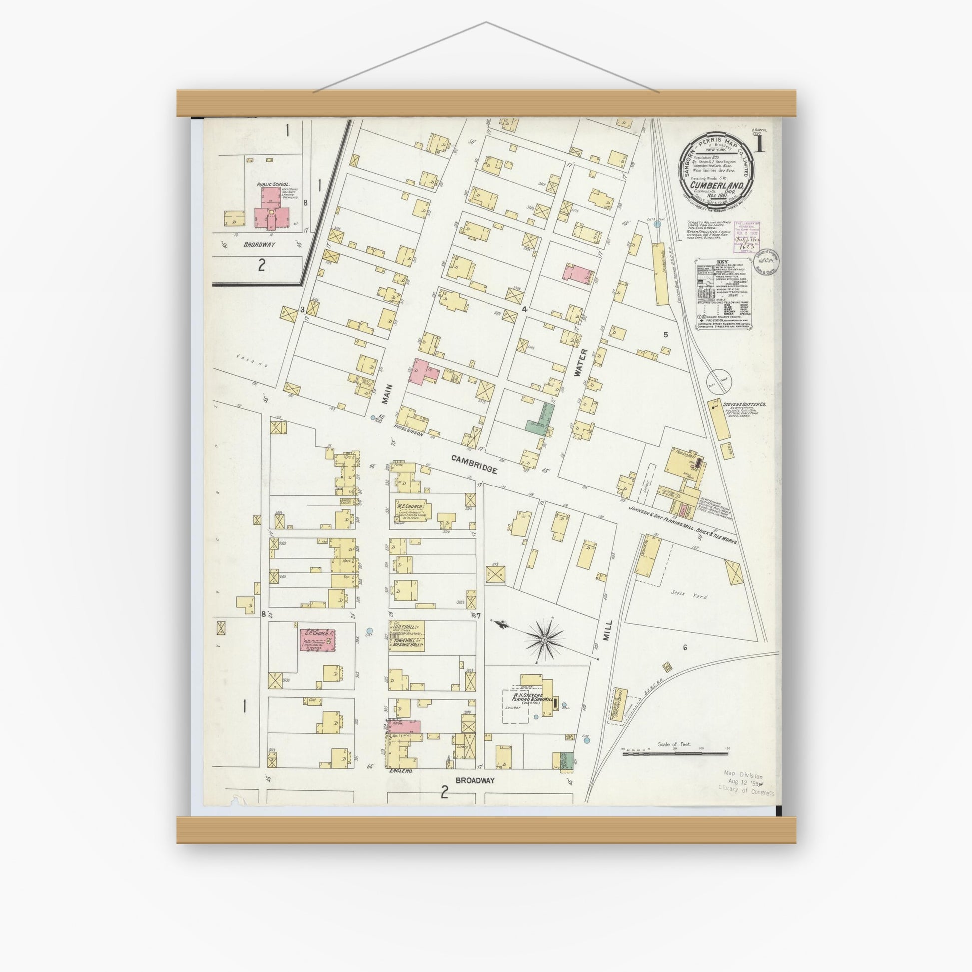 Old map wall art mockup — magnetic wood frame on white wall — Sanborn Fire Insurance Map from Cumberland, Guernsey County, Ohio (1901) - Complete Map Set