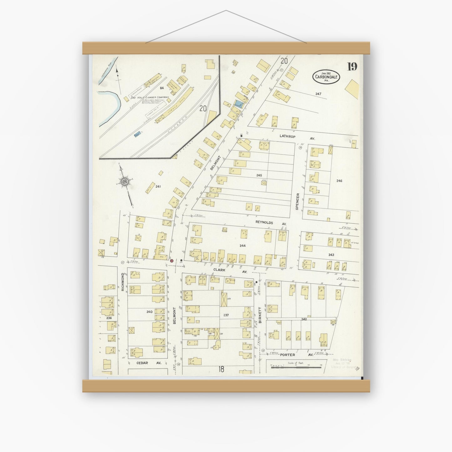 Old map wall art mockup — magnetic wood frame on white wall — Sanborn Fire Insurance Map from Carbondale, Lackawanna County, Pennsylvania (1912), Sheet #0019