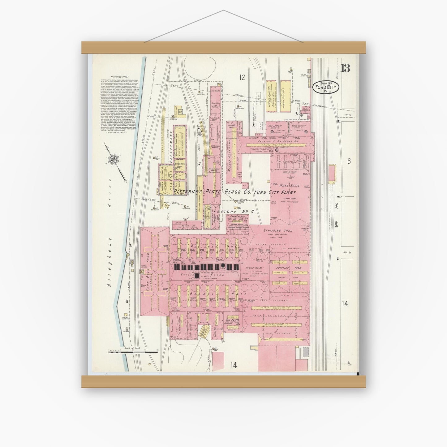 Old map wall art mockup — magnetic wood frame on white wall — Sanborn Fire Insurance Map from Ford City, Armstrong County, Pennsylvania (1913), Sheet #0013