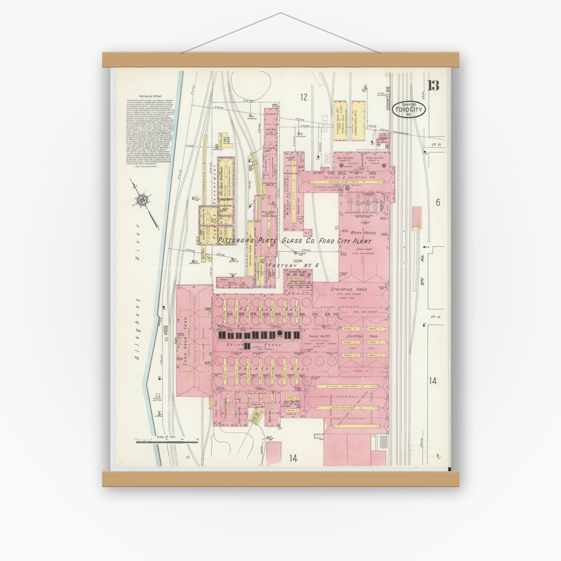 Old map wall art mockup — magnetic wood frame on white wall — Sanborn Fire Insurance Map from Ford City, Armstrong County, Pennsylvania (1913), Sheet #0013