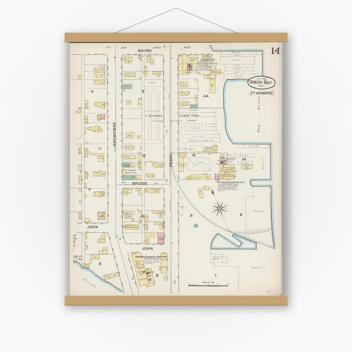 Old map wall art mockup — magnetic wood frame on white wall — Sanborn Fire Insurance Map from Green Bay, Brown County, Wisconsin (1887), Sheet #0014