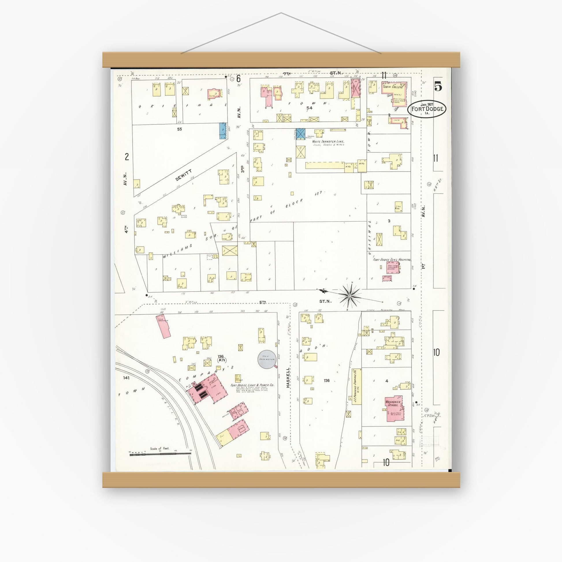 Old map wall art mockup — magnetic wood frame on white wall — Sanborn Fire Insurance Map from Fort Dodge, Webster County, Iowa (1907), Sheet #0005