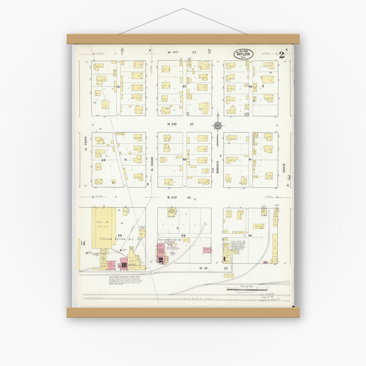 Old map wall art mockup — magnetic wood frame on white wall — Sanborn Fire Insurance Map from Taylor, Williamson County, Texas (1916), Sheet #0002