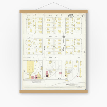 Old map wall art mockup — magnetic wood frame on white wall — Sanborn Fire Insurance Map from Taylor, Williamson County, Texas (1916), Sheet #0002