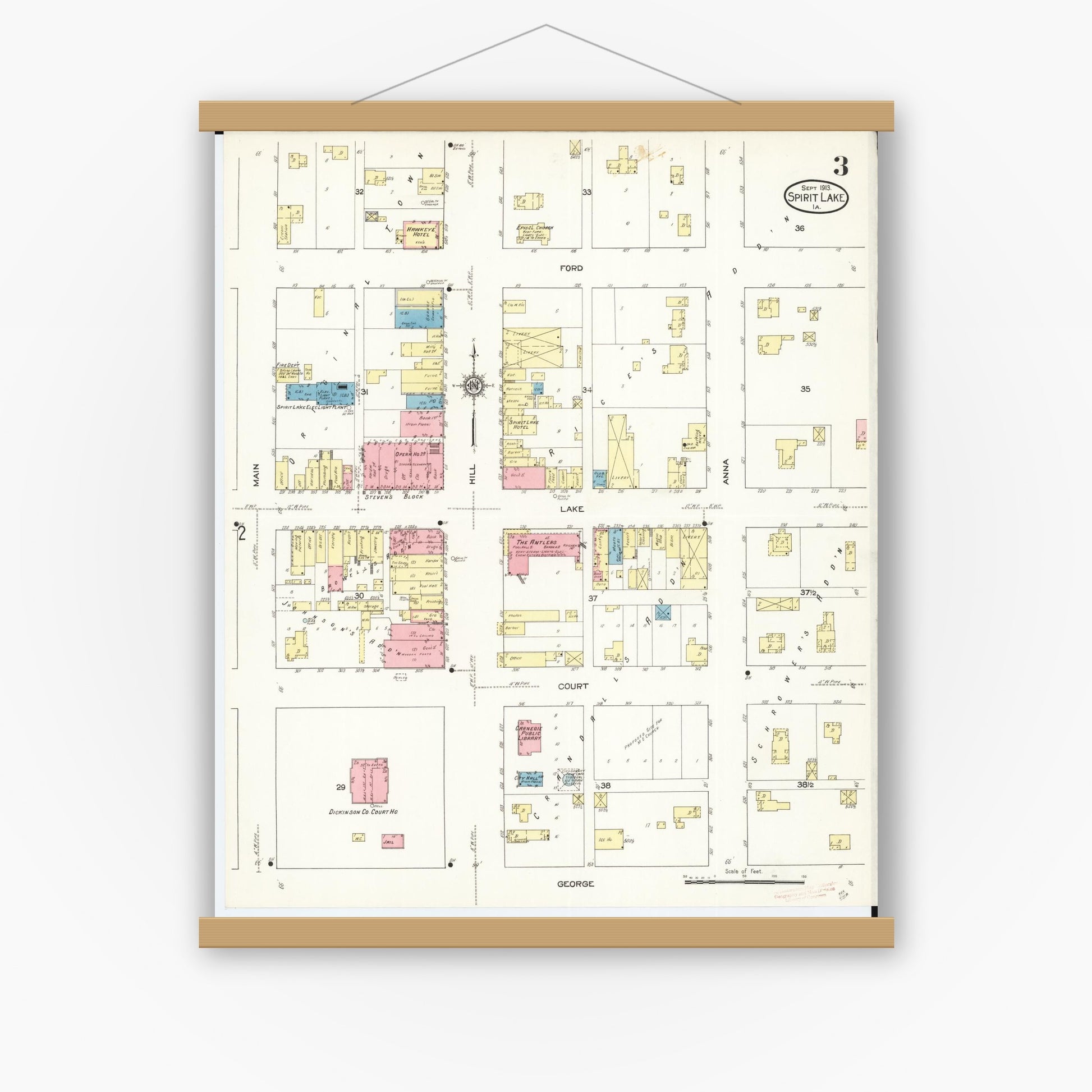 Old map wall art mockup — magnetic wood frame on white wall — Sanborn Fire Insurance Map from Spirit Lake, Dickinson County, Iowa (1913), Sheet #0003