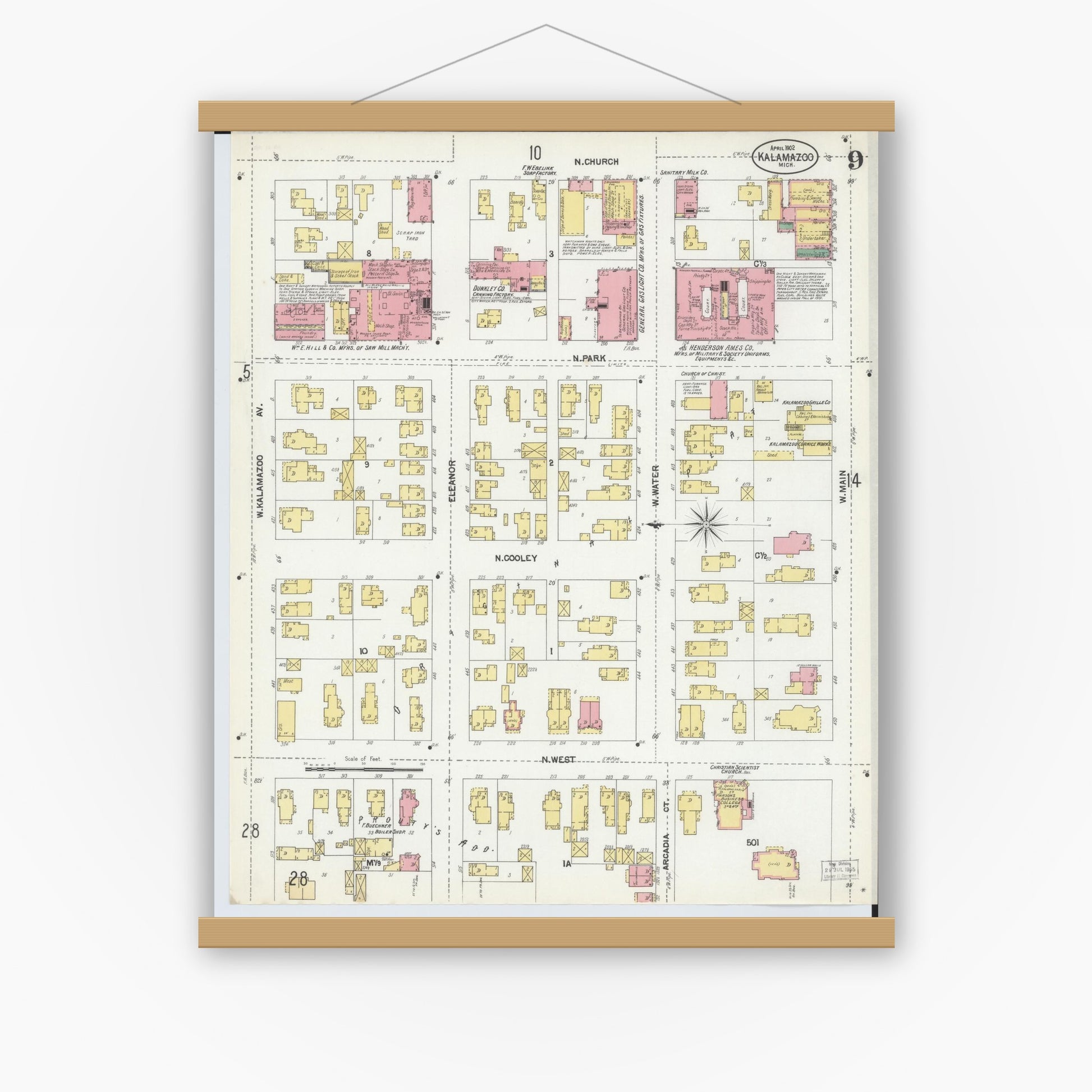 Old map wall art mockup — magnetic wood frame on white wall — Sanborn Fire Insurance Map from Kalamazoo, Kalamazoo County, Michigan (1902), Sheet #0009