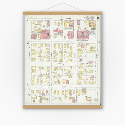 Old map wall art mockup — magnetic wood frame on white wall — Sanborn Fire Insurance Map from Kalamazoo, Kalamazoo County, Michigan (1902), Sheet #0009