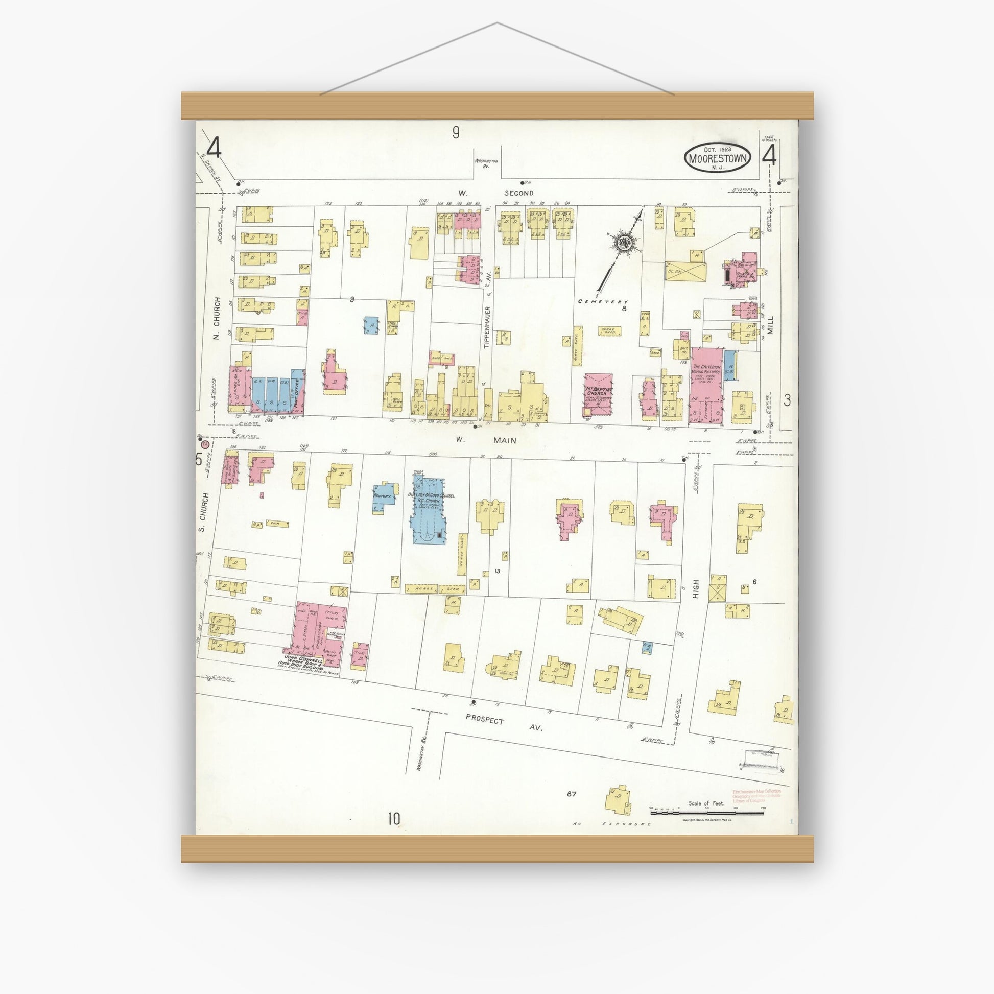 Old map wall art mockup — magnetic wood frame on white wall — Sanborn Fire Insurance Map from Moorestown, Burlington County, New Jersey (1923), Sheet #0004