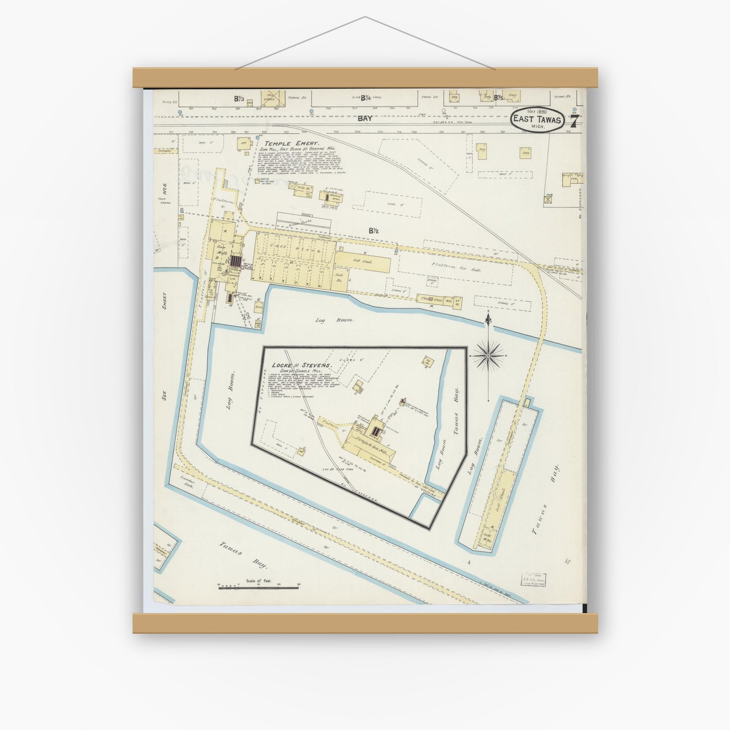 Old map wall art mockup — magnetic wood frame on white wall — Sanborn Fire Insurance Map from East Tawas, Iosco County, Michigan (1890), Sheet #0007