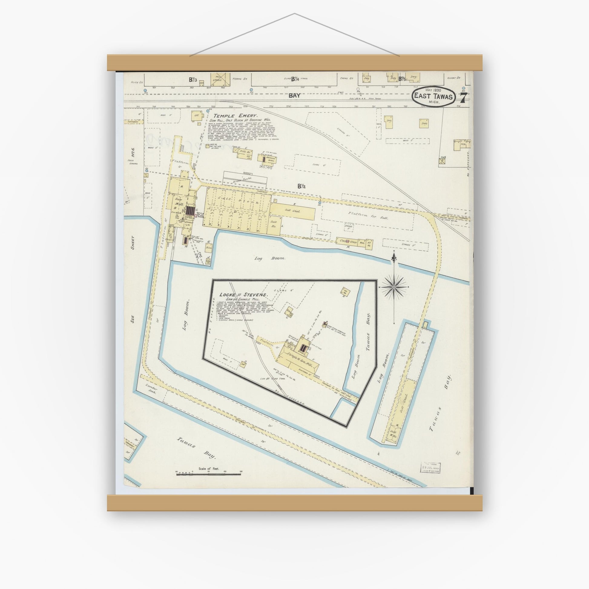 Old map wall art mockup — magnetic wood frame on white wall — Sanborn Fire Insurance Map from East Tawas, Iosco County, Michigan (1890), Sheet #0007