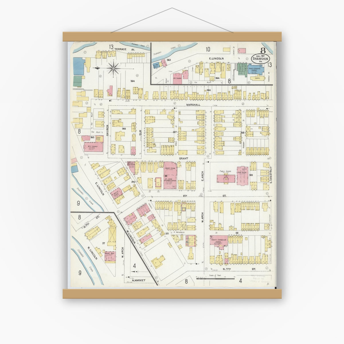 Old map wall art mockup — magnetic wood frame on white wall — Sanborn Fire Insurance Map from Shamokin, Northumberland County, Pennsylvania (1907), Sheet #0008