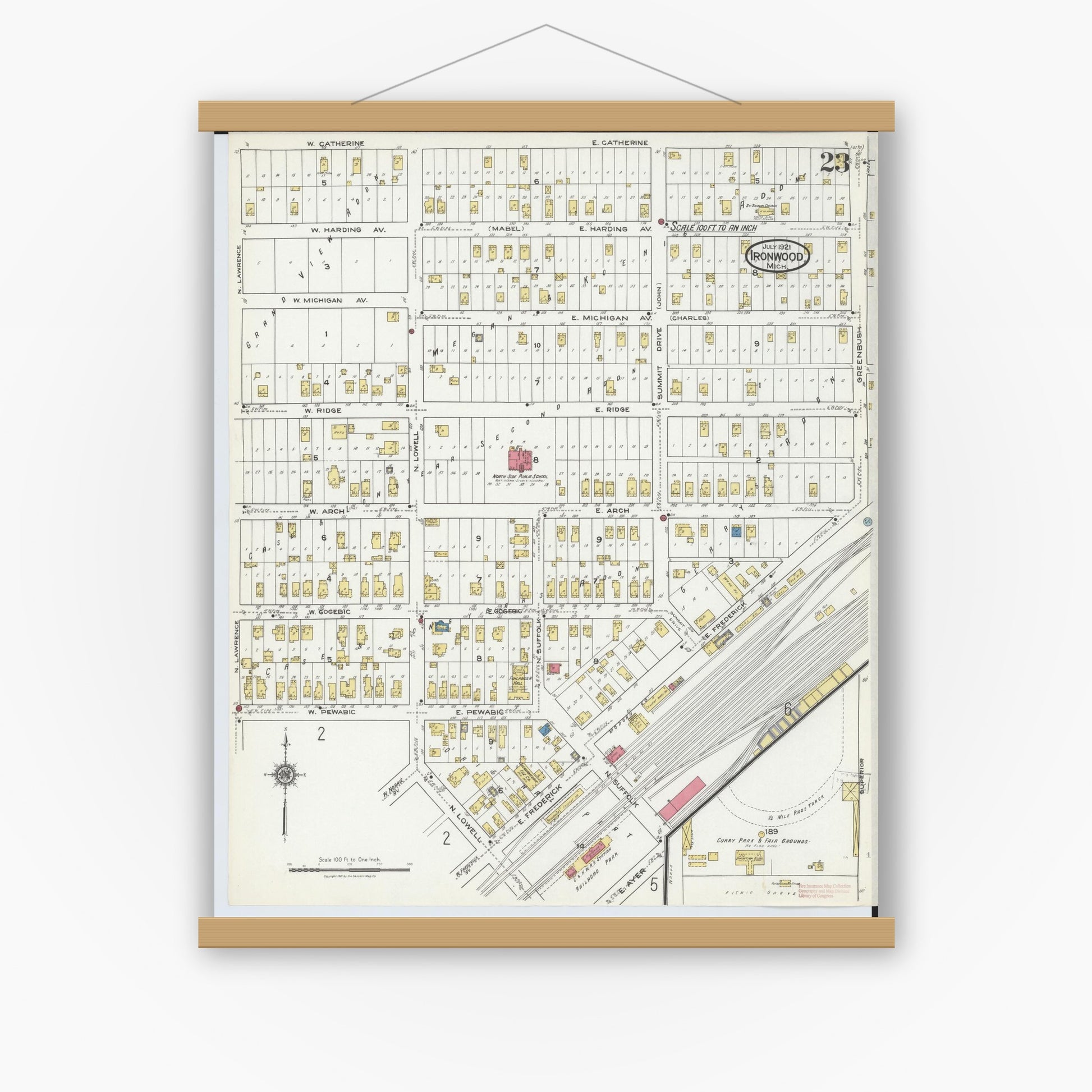 Old map wall art mockup — magnetic wood frame on white wall — Sanborn Fire Insurance Map from Ironwood, Gogebic County, Michigan (1921), Sheet #0023